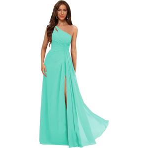 imageOne Shoulder Pleated Bridesmaid Dresses Long with Slit Chiffon A Line Formal Evening Dress for WomenTurquoise