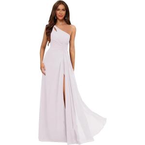 imageOne Shoulder Pleated Bridesmaid Dresses Long with Slit Chiffon A Line Formal Evening Dress for WomenWhite