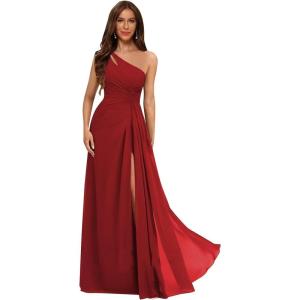 imageOne Shoulder Pleated Bridesmaid Dresses Long with Slit Chiffon A Line Formal Evening Dress for WomenWine Red