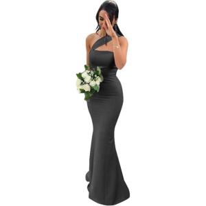 imageOne Shoulder Satin Bridesmaid Dresses Mermaid Prom Dress Long Bodycon Formal Wedding Dress for WomenBlack