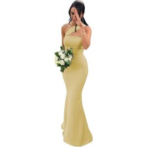 imageOne Shoulder Satin Bridesmaid Dresses Mermaid Prom Dress Long Bodycon Formal Wedding Dress for WomenChampagne