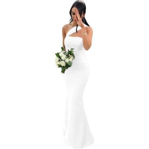 imageOne Shoulder Satin Bridesmaid Dresses Mermaid Prom Dress Long Bodycon Formal Wedding Dress for WomenWhite