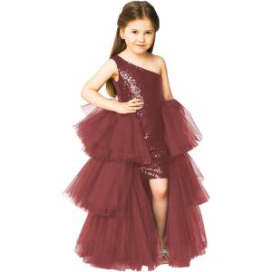 imageOne Shoulder Sequin Pagent Dresses Girls Tulle Ball Gown Layered High Low Flower Girl Dress for WeddingBurgundy