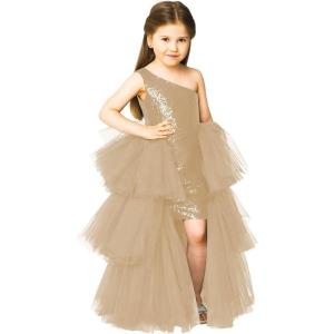 imageOne Shoulder Sequin Pagent Dresses Girls Tulle Ball Gown Layered High Low Flower Girl Dress for WeddingChampagne