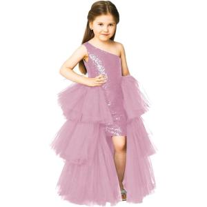 imageOne Shoulder Sequin Pagent Dresses Girls Tulle Ball Gown Layered High Low Flower Girl Dress for WeddingDusty Pink
