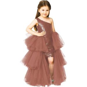 imageOne Shoulder Sequin Pagent Dresses Girls Tulle Ball Gown Layered High Low Flower Girl Dress for WeddingDusty Rose