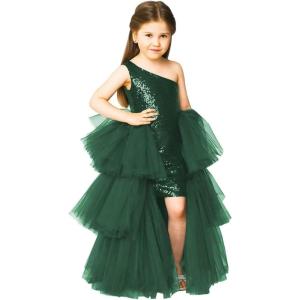 imageOne Shoulder Sequin Pagent Dresses Girls Tulle Ball Gown Layered High Low Flower Girl Dress for WeddingEmerald Green