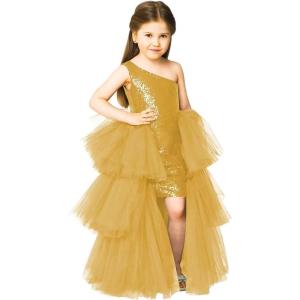 imageOne Shoulder Sequin Pagent Dresses Girls Tulle Ball Gown Layered High Low Flower Girl Dress for WeddingGold