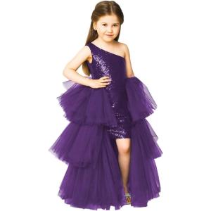 imageOne Shoulder Sequin Pagent Dresses Girls Tulle Ball Gown Layered High Low Flower Girl Dress for WeddingGrape
