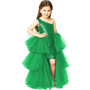 imageOne Shoulder Sequin Pagent Dresses Girls Tulle Ball Gown Layered High Low Flower Girl Dress for WeddingGreen
