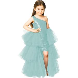 imageOne Shoulder Sequin Pagent Dresses Girls Tulle Ball Gown Layered High Low Flower Girl Dress for WeddingIce Blue