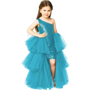 imageOne Shoulder Sequin Pagent Dresses Girls Tulle Ball Gown Layered High Low Flower Girl Dress for WeddingLake Blue
