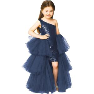 imageOne Shoulder Sequin Pagent Dresses Girls Tulle Ball Gown Layered High Low Flower Girl Dress for WeddingNavy Blue