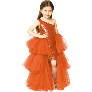 imageOne Shoulder Sequin Pagent Dresses Girls Tulle Ball Gown Layered High Low Flower Girl Dress for WeddingOrange