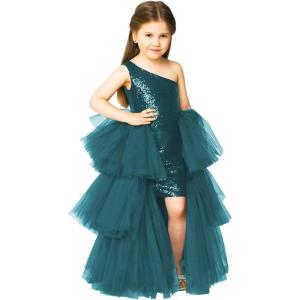 imageOne Shoulder Sequin Pagent Dresses Girls Tulle Ball Gown Layered High Low Flower Girl Dress for WeddingPeacock