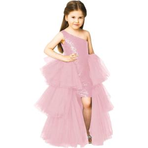 imageOne Shoulder Sequin Pagent Dresses Girls Tulle Ball Gown Layered High Low Flower Girl Dress for WeddingPink