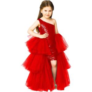 imageOne Shoulder Sequin Pagent Dresses Girls Tulle Ball Gown Layered High Low Flower Girl Dress for WeddingRed
