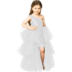imageOne Shoulder Sequin Pagent Dresses Girls Tulle Ball Gown Layered High Low Flower Girl Dress for WeddingWhite