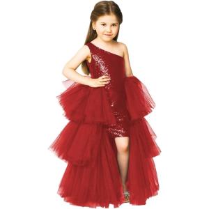 imageOne Shoulder Sequin Pagent Dresses Girls Tulle Ball Gown Layered High Low Flower Girl Dress for WeddingWine Red
