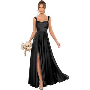 imageSatin Bridesmaid Dresses Long for Women Spaghetti Strap Ruched Prom Formal Dress with Slit with PocketsBlack