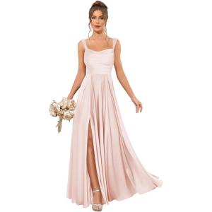 imageSatin Bridesmaid Dresses Long for Women Spaghetti Strap Ruched Prom Formal Dress with Slit with PocketsBlush Pink