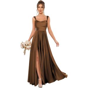 imageSatin Bridesmaid Dresses Long for Women Spaghetti Strap Ruched Prom Formal Dress with Slit with PocketsBrown