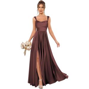 imageSatin Bridesmaid Dresses Long for Women Spaghetti Strap Ruched Prom Formal Dress with Slit with PocketsBurgundy