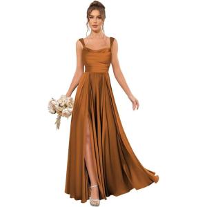 imageSatin Bridesmaid Dresses Long for Women Spaghetti Strap Ruched Prom Formal Dress with Slit with PocketsBurnt Orange