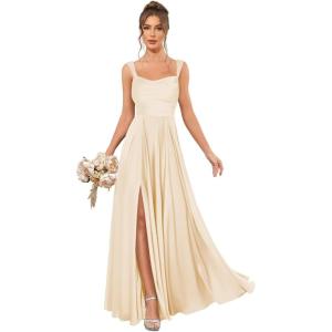 imageSatin Bridesmaid Dresses Long for Women Spaghetti Strap Ruched Prom Formal Dress with Slit with PocketsChampagne