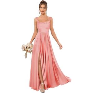 imageSatin Bridesmaid Dresses Long for Women Spaghetti Strap Ruched Prom Formal Dress with Slit with PocketsCoral