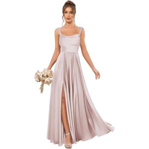 imageSatin Bridesmaid Dresses Long for Women Spaghetti Strap Ruched Prom Formal Dress with Slit with PocketsDusty Pink