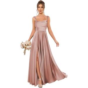 imageSatin Bridesmaid Dresses Long for Women Spaghetti Strap Ruched Prom Formal Dress with Slit with PocketsDusty Rose
