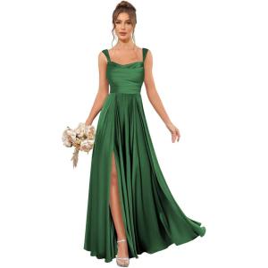 imageSatin Bridesmaid Dresses Long for Women Spaghetti Strap Ruched Prom Formal Dress with Slit with PocketsEmerald Green