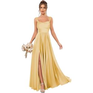 imageSatin Bridesmaid Dresses Long for Women Spaghetti Strap Ruched Prom Formal Dress with Slit with PocketsGold