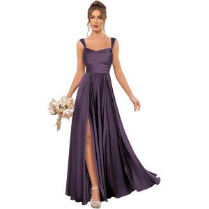 imageSatin Bridesmaid Dresses Long for Women Spaghetti Strap Ruched Prom Formal Dress with Slit with PocketsGrape