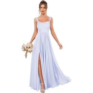 imageSatin Bridesmaid Dresses Long for Women Spaghetti Strap Ruched Prom Formal Dress with Slit with PocketsLavender