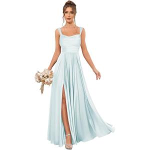 imageSatin Bridesmaid Dresses Long for Women Spaghetti Strap Ruched Prom Formal Dress with Slit with PocketsLight Blue