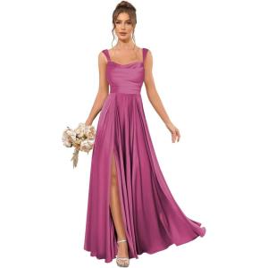 imageSatin Bridesmaid Dresses Long for Women Spaghetti Strap Ruched Prom Formal Dress with Slit with PocketsMulberry