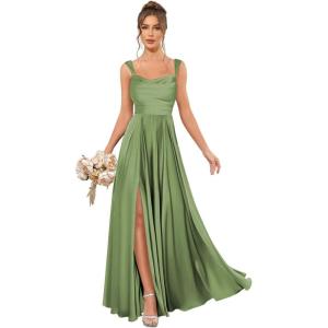 imageSatin Bridesmaid Dresses Long for Women Spaghetti Strap Ruched Prom Formal Dress with Slit with PocketsOlive Green