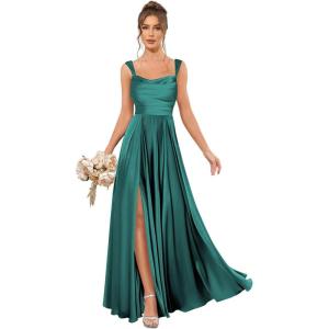 imageSatin Bridesmaid Dresses Long for Women Spaghetti Strap Ruched Prom Formal Dress with Slit with PocketsPeacock