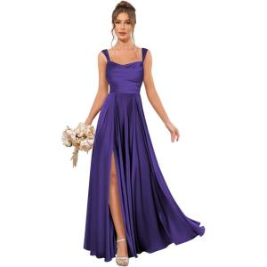 imageSatin Bridesmaid Dresses Long for Women Spaghetti Strap Ruched Prom Formal Dress with Slit with PocketsPurple