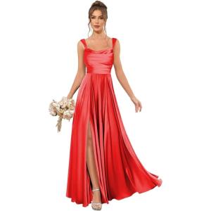 imageSatin Bridesmaid Dresses Long for Women Spaghetti Strap Ruched Prom Formal Dress with Slit with PocketsRed