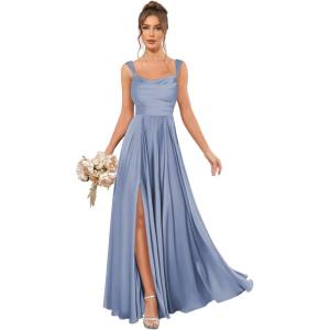 imageSatin Bridesmaid Dresses Long for Women Spaghetti Strap Ruched Prom Formal Dress with Slit with PocketsRoyal Blue