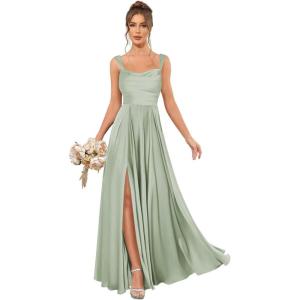 imageSatin Bridesmaid Dresses Long for Women Spaghetti Strap Ruched Prom Formal Dress with Slit with PocketsSage