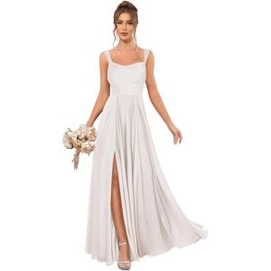 imageSatin Bridesmaid Dresses Long for Women Spaghetti Strap Ruched Prom Formal Dress with Slit with PocketsSilver
