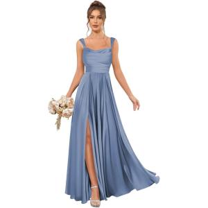 imageSatin Bridesmaid Dresses Long for Women Spaghetti Strap Ruched Prom Formal Dress with Slit with PocketsSteel Blue