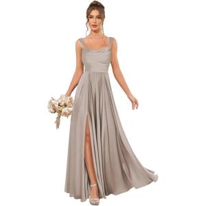 imageSatin Bridesmaid Dresses Long for Women Spaghetti Strap Ruched Prom Formal Dress with Slit with PocketsTaupe