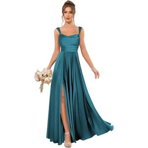 imageSatin Bridesmaid Dresses Long for Women Spaghetti Strap Ruched Prom Formal Dress with Slit with PocketsTeal