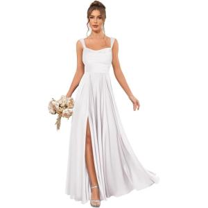 imageSatin Bridesmaid Dresses Long for Women Spaghetti Strap Ruched Prom Formal Dress with Slit with PocketsWhite