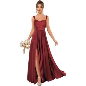 imageSatin Bridesmaid Dresses Long for Women Spaghetti Strap Ruched Prom Formal Dress with Slit with PocketsWine Red